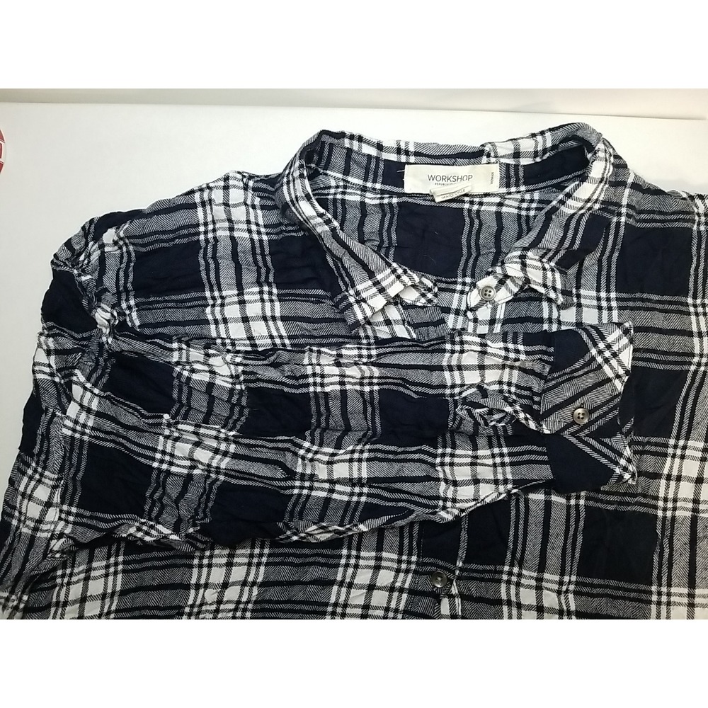 Workshop Republic Womens Plaid Flannel Button Up 3/4 Sleeved Shirt 3X Navy White